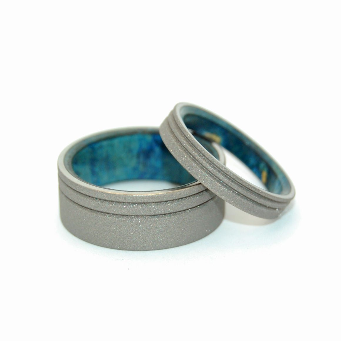 Believe In You | Sandblasted Blue Box Elder Wood & Titanium Wedding Ring Set - Minter and Richter Designs
