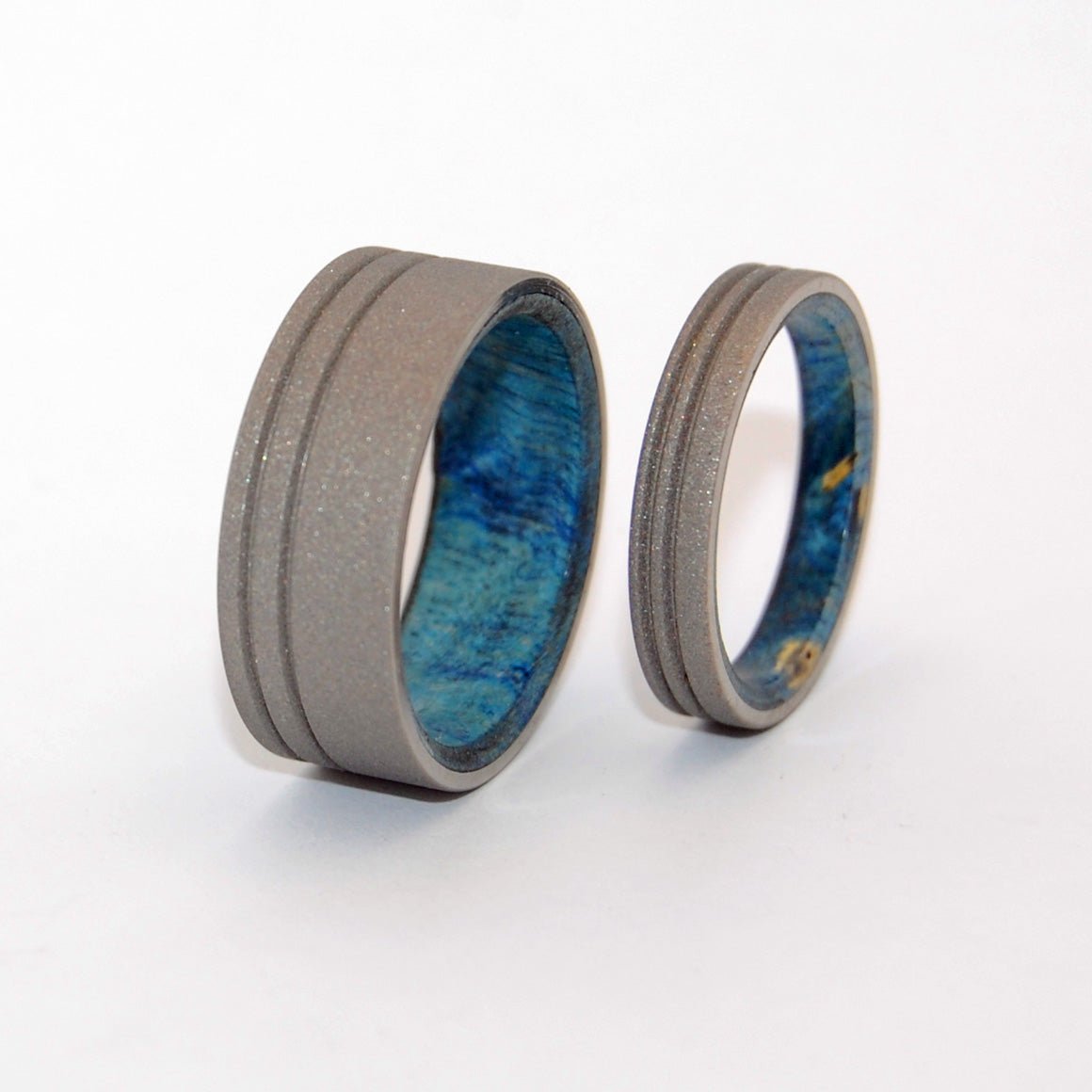 Believe In You | Sandblasted Blue Box Elder Wood & Titanium Wedding Ring Set - Minter and Richter Designs