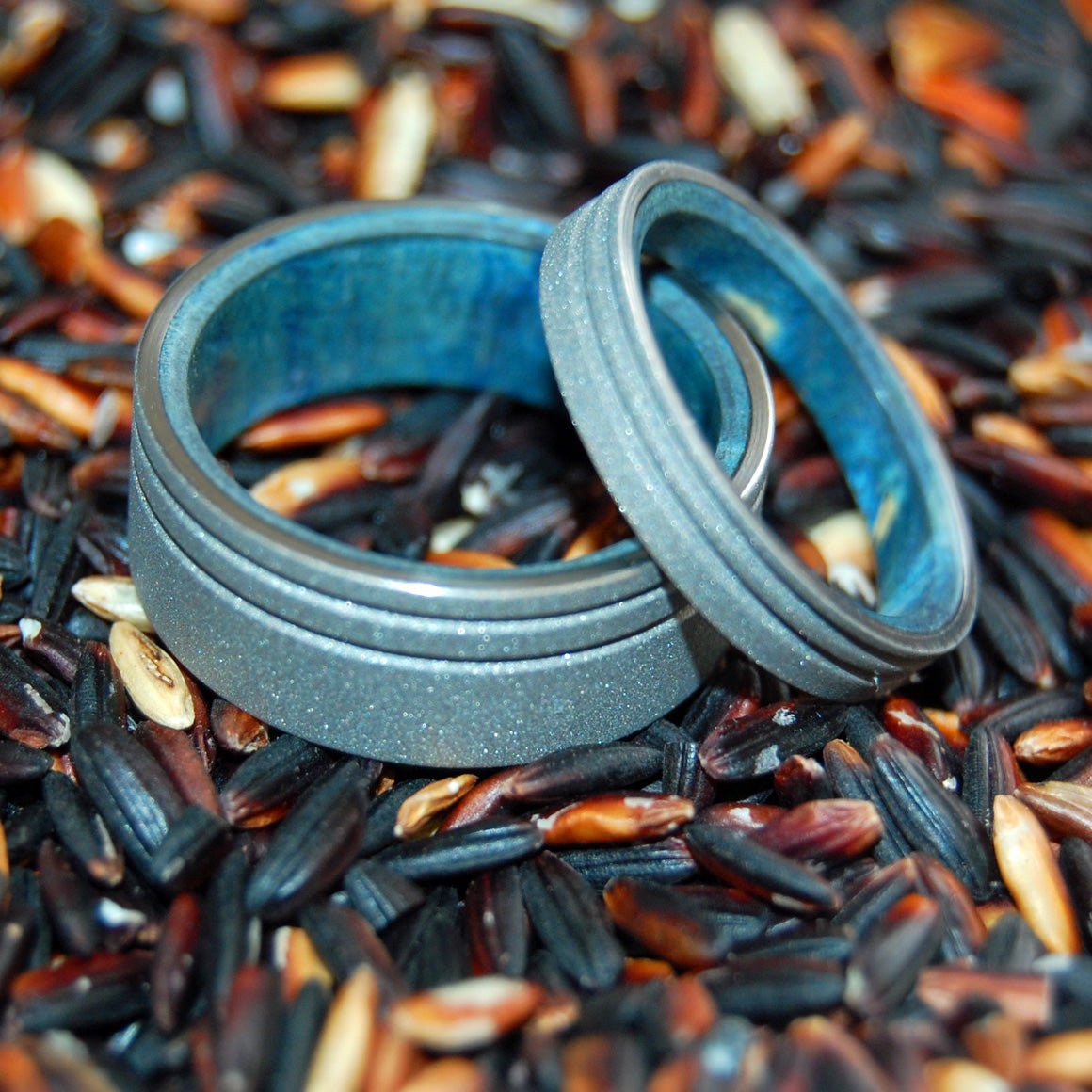 Believe In You | Sandblasted Blue Box Elder Wood & Titanium Wedding Ring Set - Minter and Richter Designs