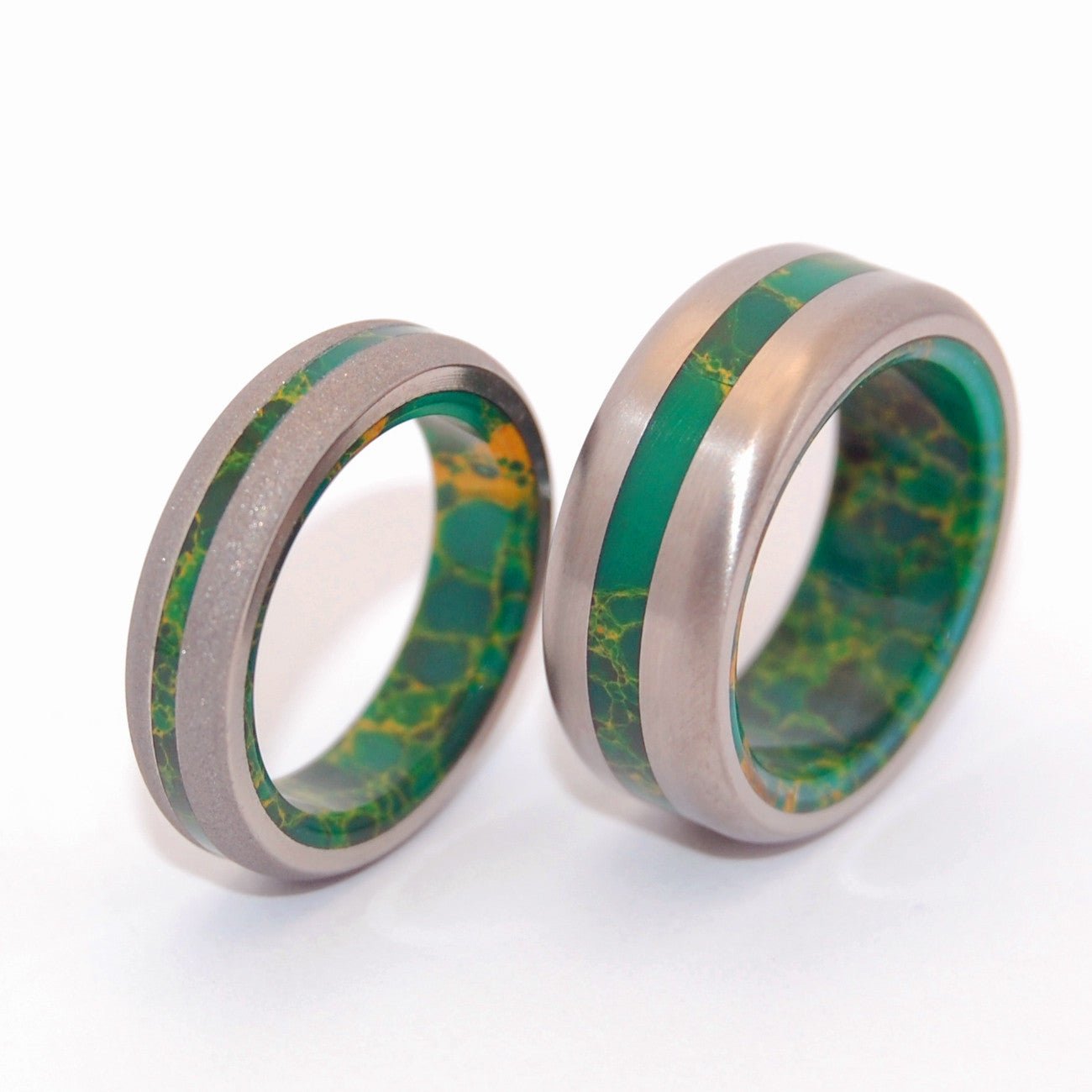 Bird Of Paradise Satin | Egyptian Jade & Titanium Men's & Women's Wedding Ring Set - Minter and Richter Designs