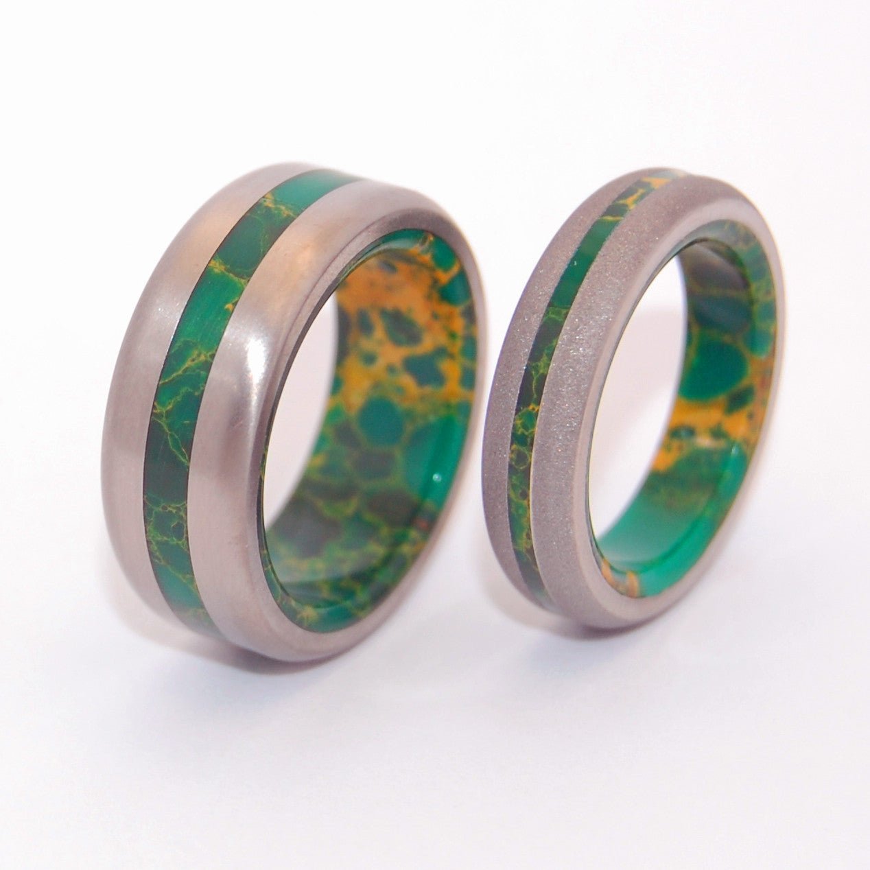 Bird Of Paradise Satin | Egyptian Jade & Titanium Men's & Women's Wedding Ring Set - Minter and Richter Designs
