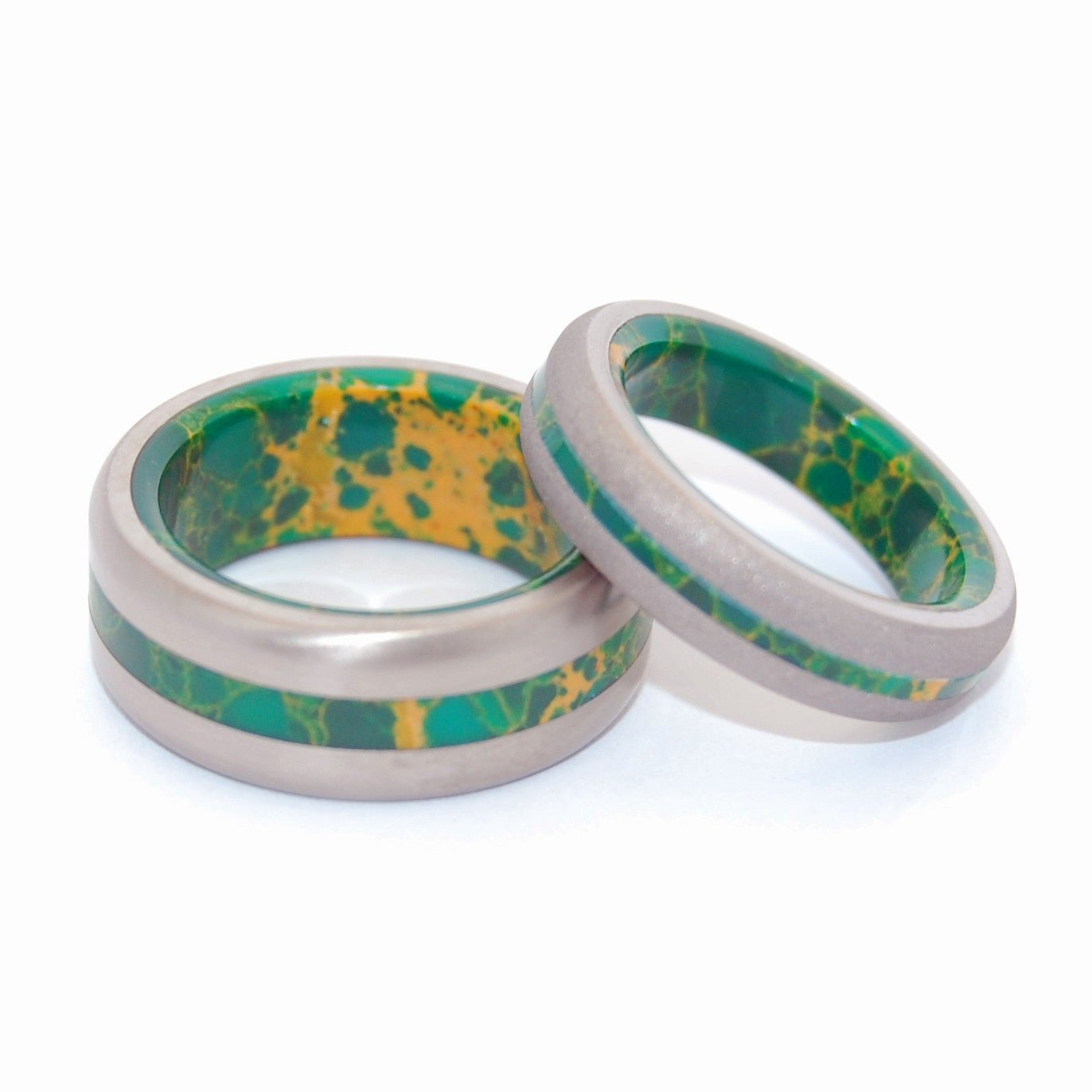 Bird Of Paradise Satin | Egyptian Jade & Titanium Men's & Women's Wedding Ring Set - Minter and Richter Designs