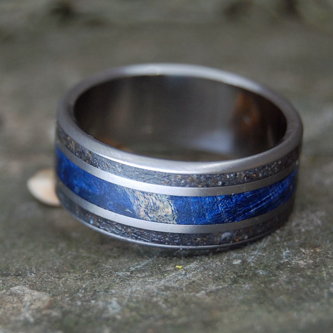 Black And Blue To Keep It True | Men's Blue Box Elder Wood, Black Sand & Titanium Wedding Ring - Minter and Richter Designs