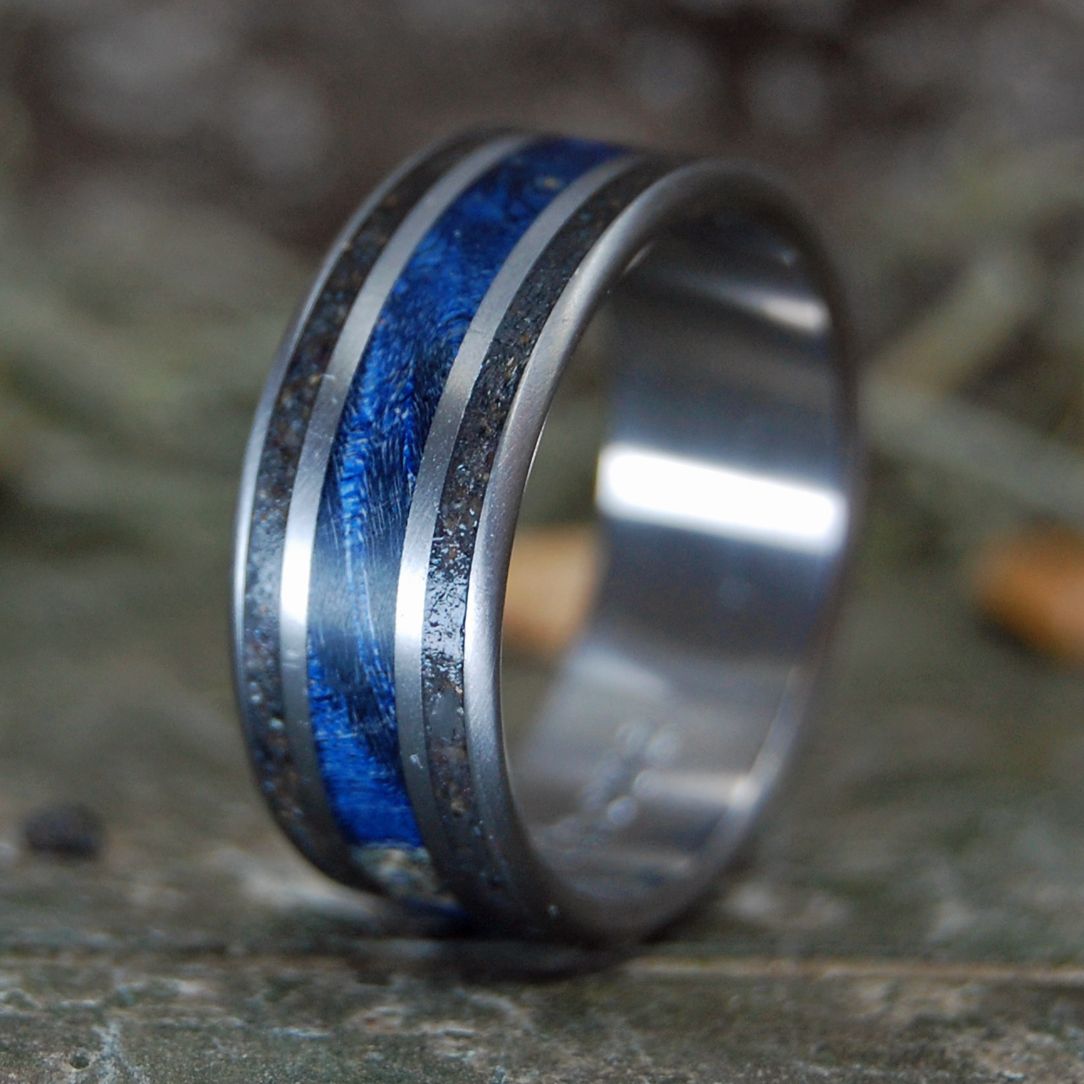 Black And Blue To Keep It True | Men's Blue Box Elder Wood, Black Sand & Titanium Wedding Ring - Minter and Richter Designs