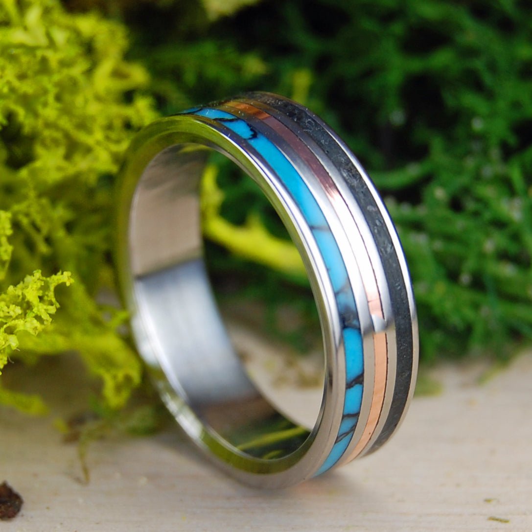 Black Thunder Coal Mine | Men's American Coal, Turquoise, Copper & Titanium Wedding Ring - Minter and Richter Designs