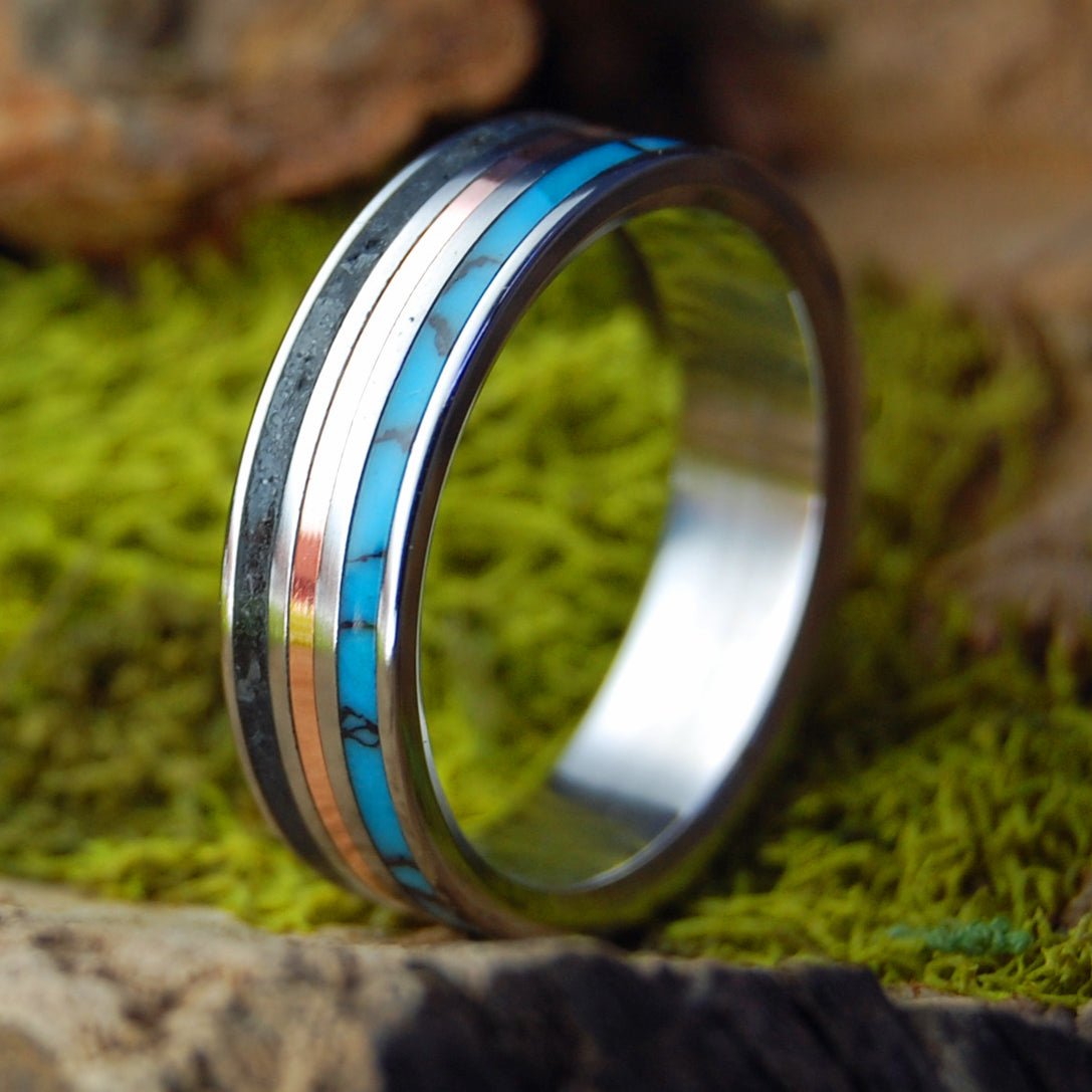 Black Thunder Coal Mine | Men's American Coal, Turquoise, Copper & Titanium Wedding Ring - Minter and Richter Designs