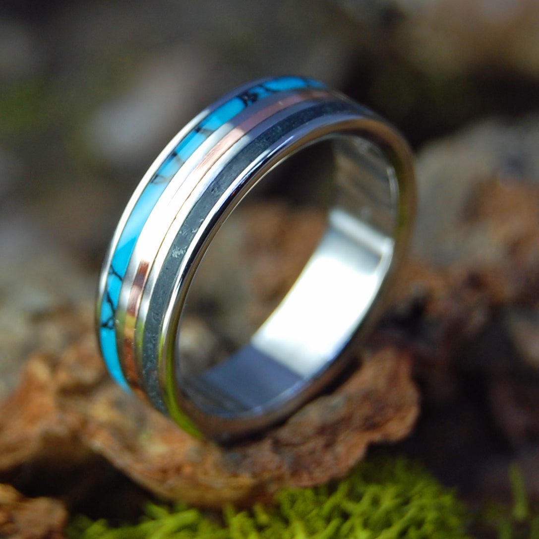 Black Thunder Coal Mine | Men's American Coal, Turquoise, Copper & Titanium Wedding Ring - Minter and Richter Designs