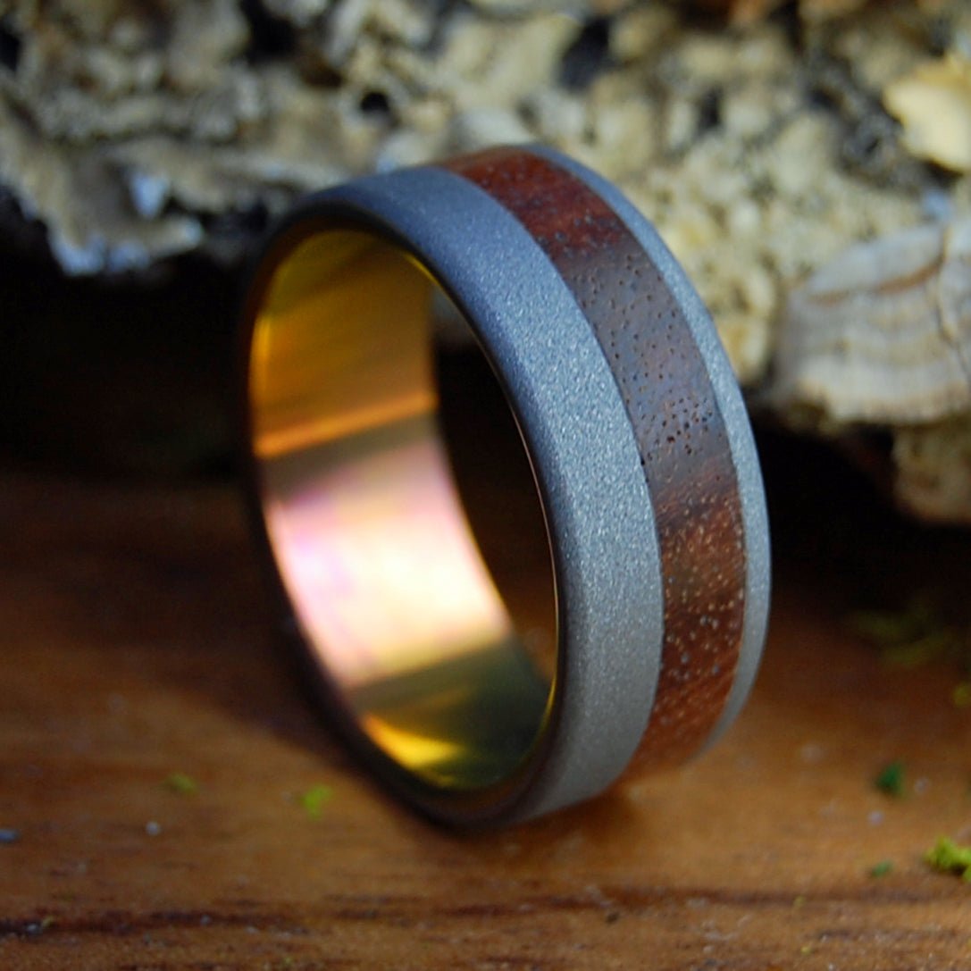 BLASTED REDWOOD SUNSET | Men's Redwood Burl & Titanium Wedding Ring - Minter and Richter Designs