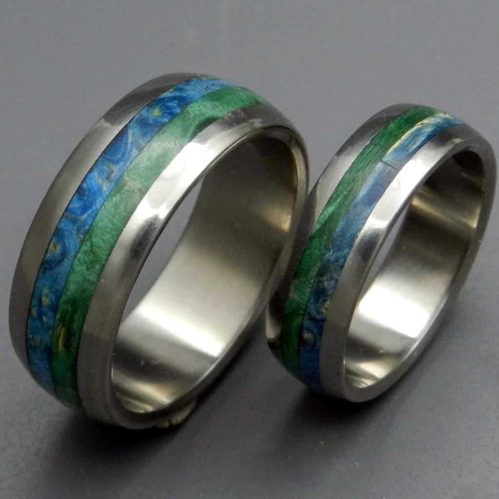 Bliss | Blue Box Elder Wood & Titanium - Wedding Ring Sets - Unique Wedding Ring - Minter and Richter Designs