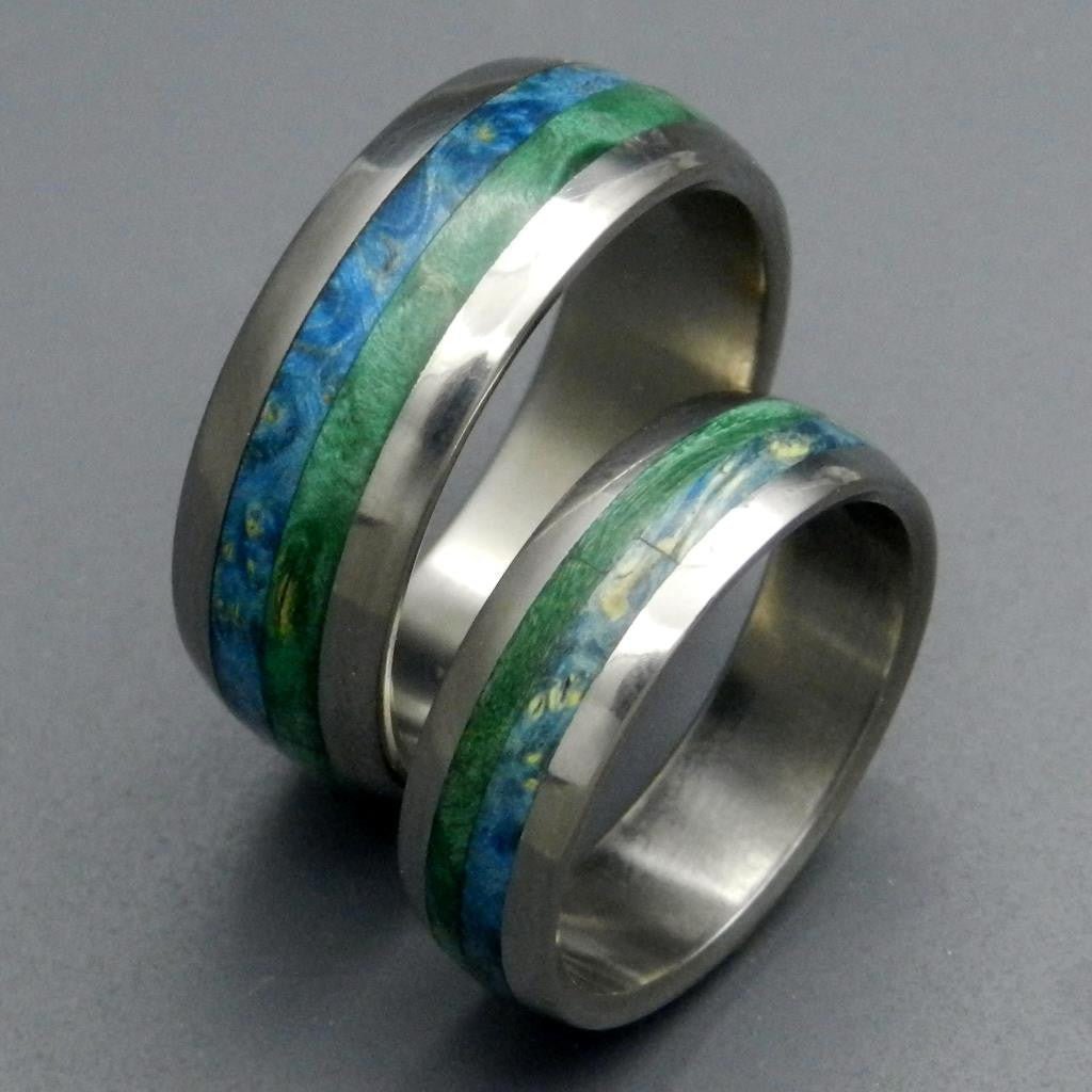 Bliss | Blue Box Elder Wood & Titanium - Wedding Ring Sets - Unique Wedding Ring - Minter and Richter Designs