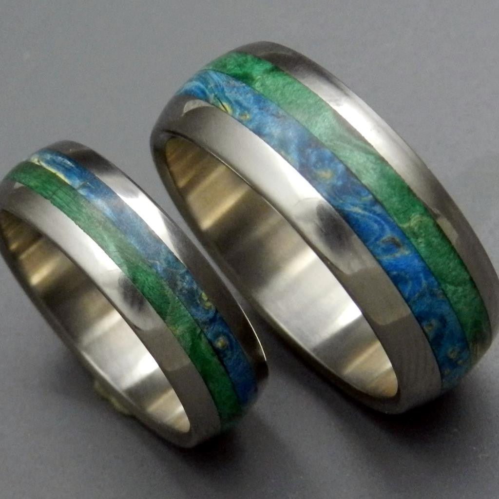 Bliss | Blue Box Elder Wood & Titanium - Wedding Ring Sets - Unique Wedding Ring - Minter and Richter Designs