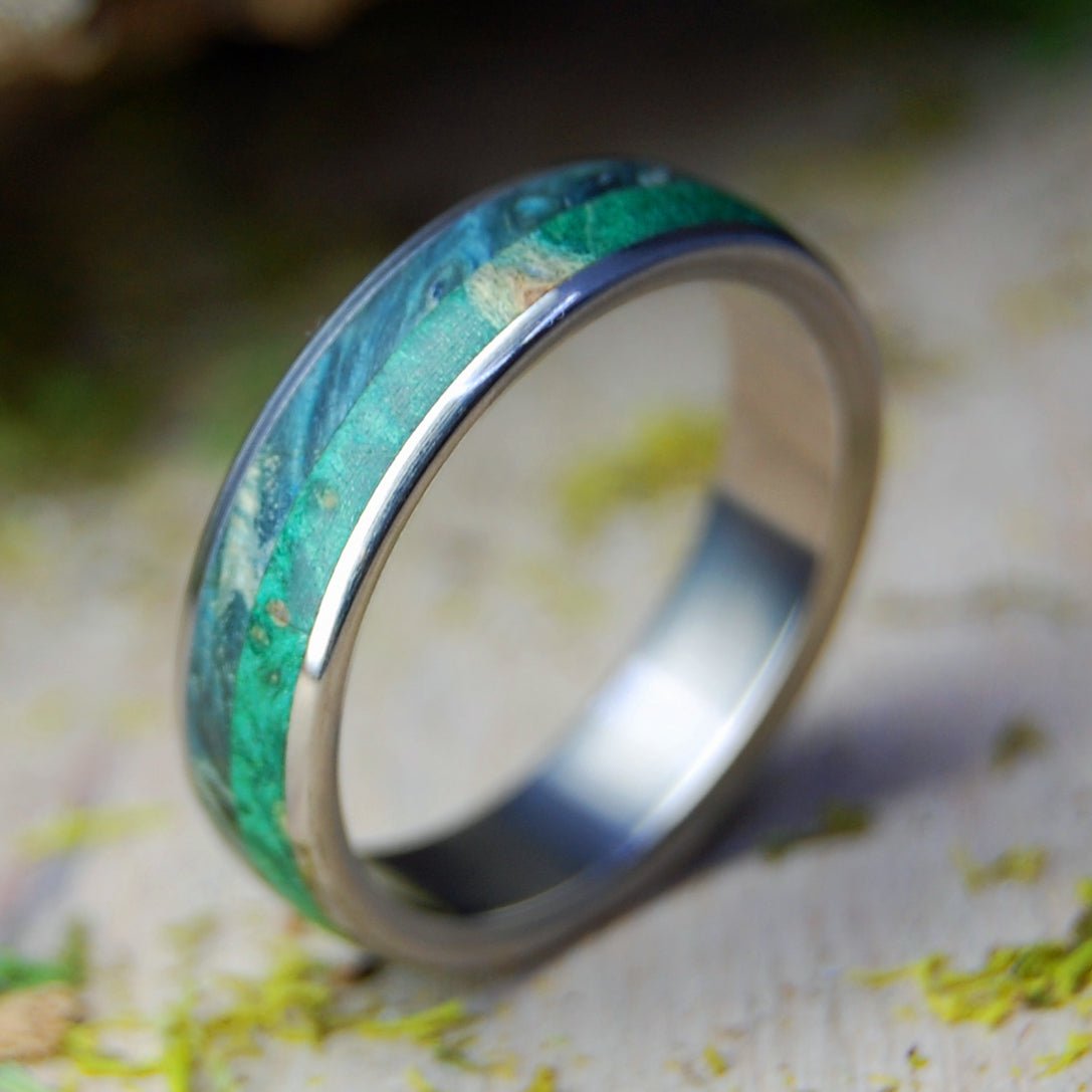 Bliss | Size 10.5 At 6.4mm | Green And Blue Box Elder Wood | Unique Wedding Band | On Sale - Minter and Richter Designs