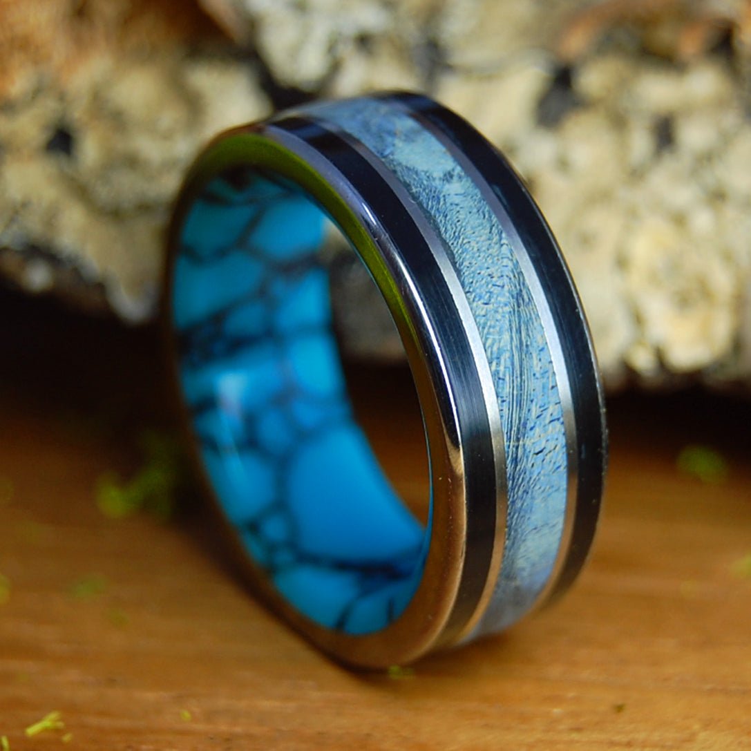 BLUE BOX ELDER ALWAYS REIGN | Men's Turquoise, Onyx & Blue Box Elder Titanium Wedding Ring - Minter and Richter Designs