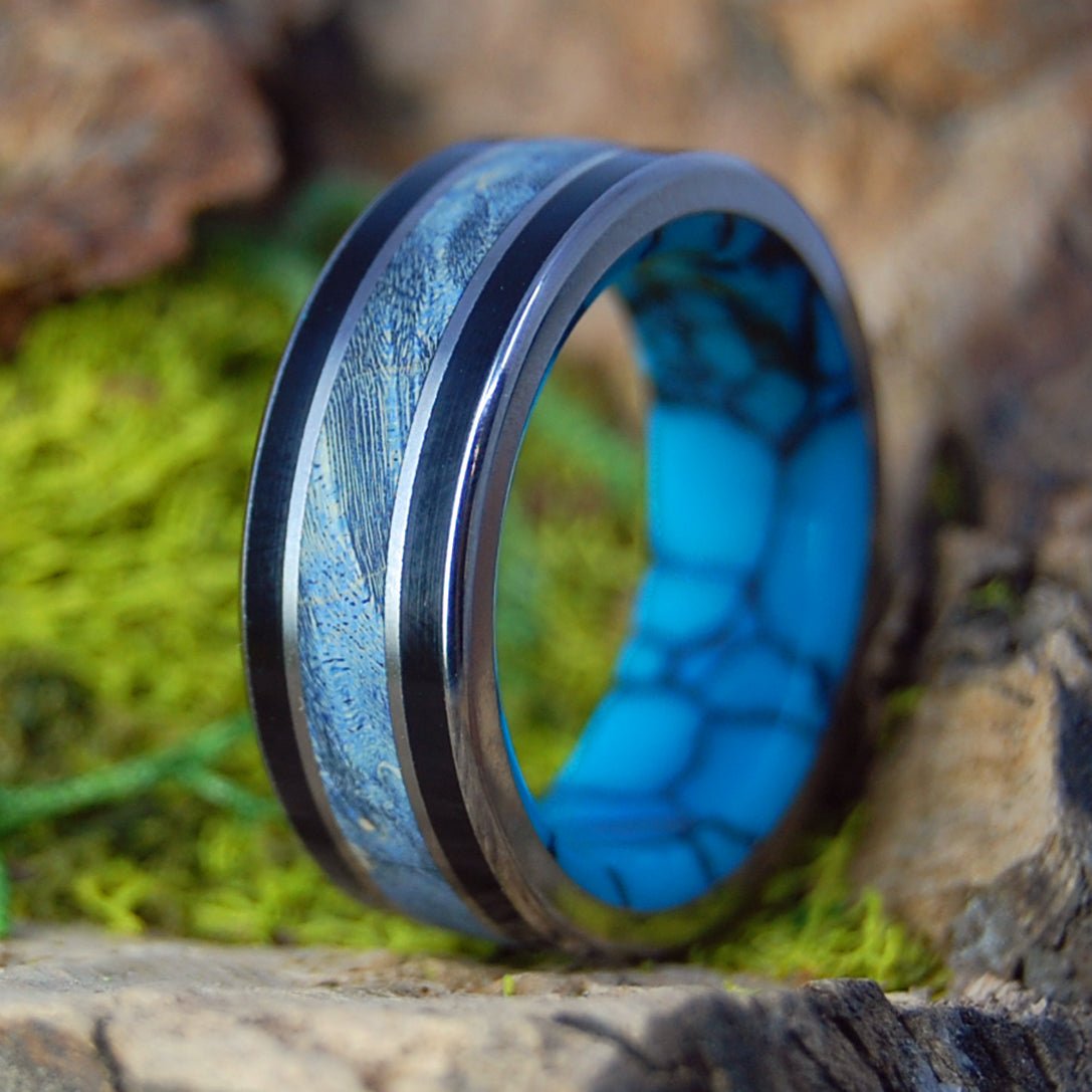 BLUE BOX ELDER ALWAYS REIGN | Men's Turquoise, Onyx & Blue Box Elder Titanium Wedding Ring - Minter and Richter Designs