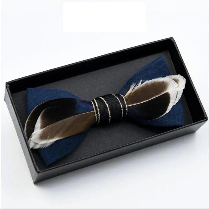 Blue Brown White Feather Bow Tie With Lapel Pin Set - Handmade Bow Tie - Groomsmen Gift - Minter and Richter Designs