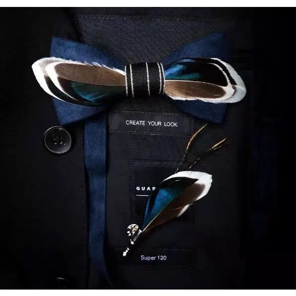 Blue Brown White Feather Bow Tie With Lapel Pin Set - Handmade Bow Tie - Groomsmen Gift - Minter and Richter Designs