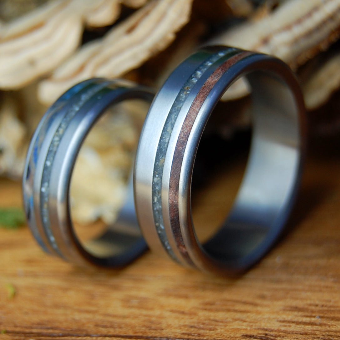 BLUE CALIFORNIA OYSTER SET | Oyster Shells & Carmel CA Beach Sand - Unique Wedding Rings - Wedding Rings Set - Minter and Richter Designs