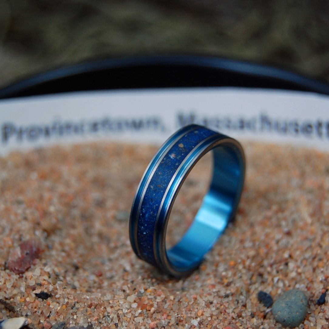 Blue Skies In P - Town | Men's Blue Provincetown Beach Sand & Titanium Wedding Ring - Minter and Richter Designs