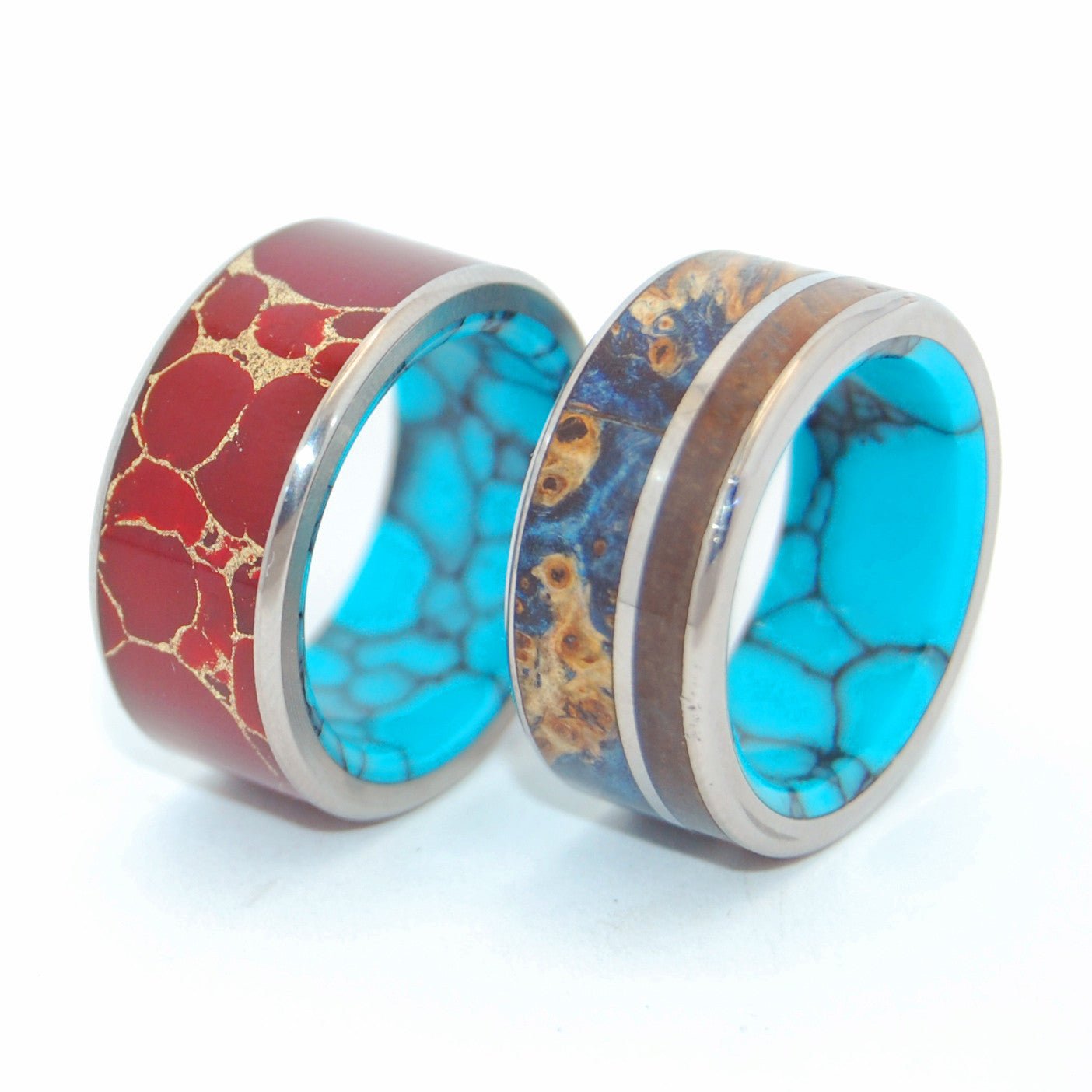 Bold Set | Blue Box Elder Wood, Red Jasper Stone, Turquoise - Titanium Wedding Ring Set - Minter and Richter Designs