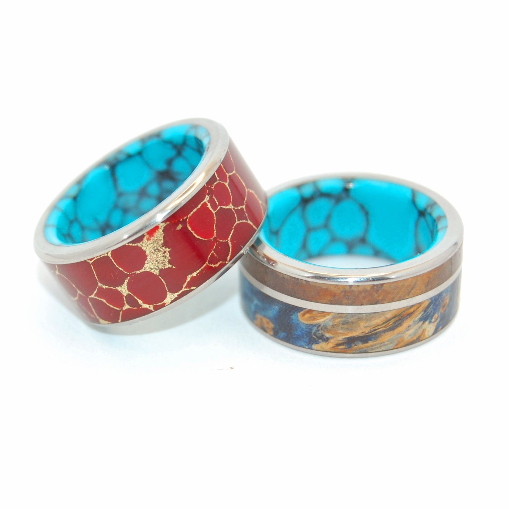 Bold Set | Blue Box Elder Wood, Red Jasper Stone, Turquoise - Titanium Wedding Ring Set - Minter and Richter Designs