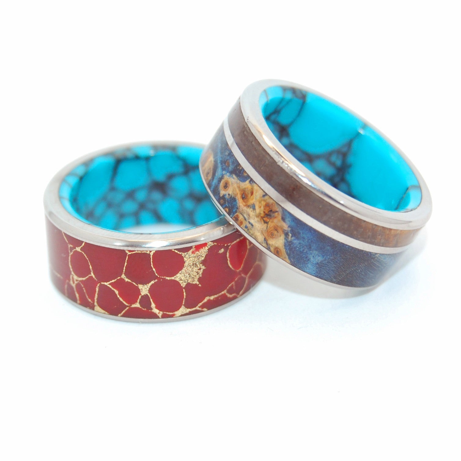 Bold Set | Blue Box Elder Wood, Red Jasper Stone, Turquoise - Titanium Wedding Ring Set - Minter and Richter Designs