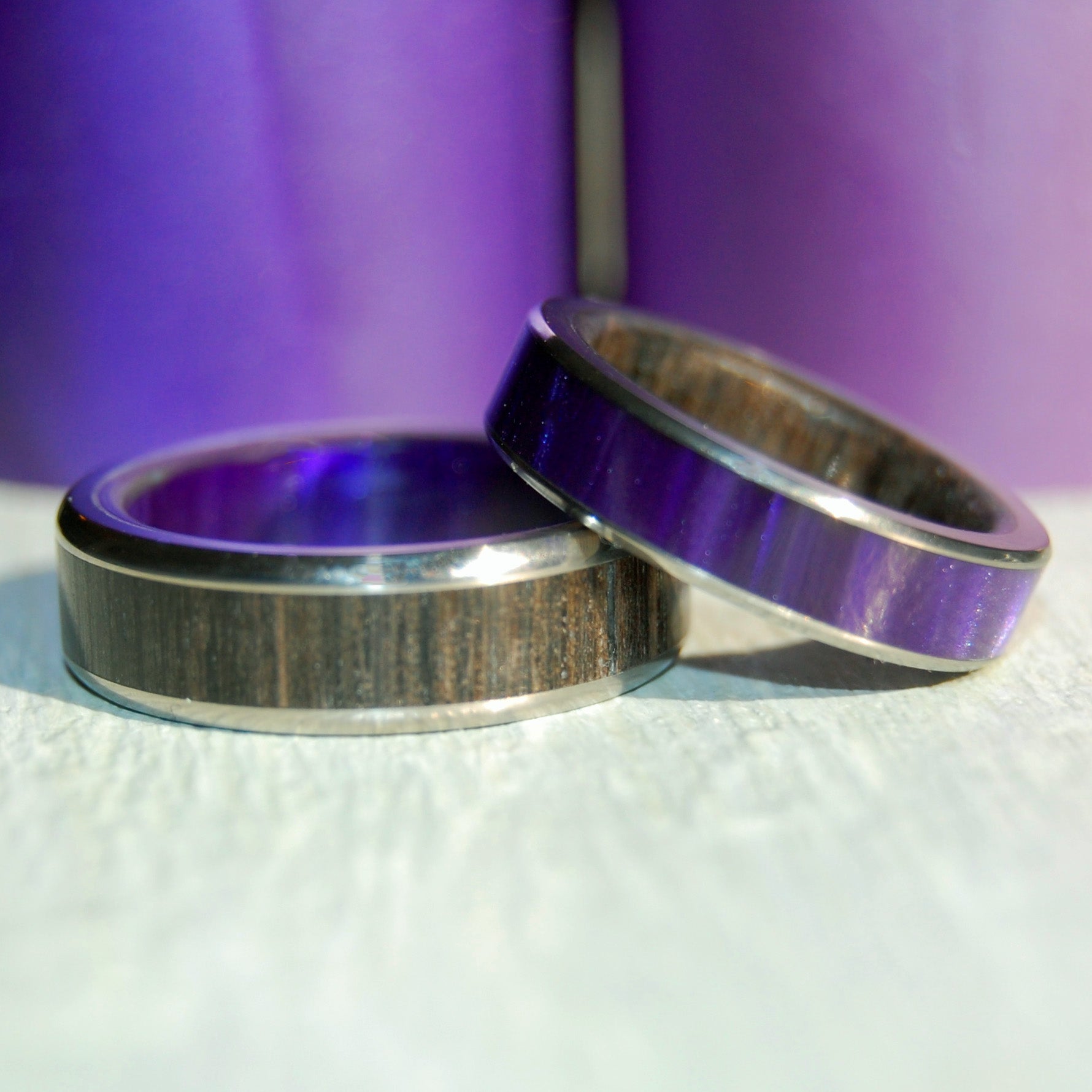 Boruta & Bereginia | Ancient Bog Oak Wood & Purple Marbled Resin - Wooden & Titanium Wedding Ring - Minter and Richter Designs