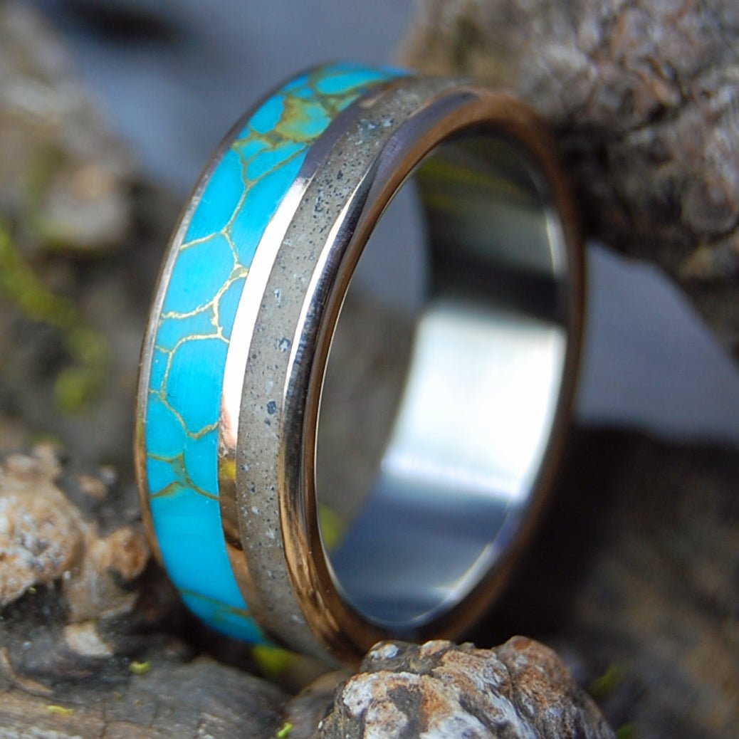 BRONZE ON ST. PETES | Men's St. Pete's Florida Sand, Tibetan Turquoise, Bronze & Titanium Wedding Ring - Minter and Richter Designs