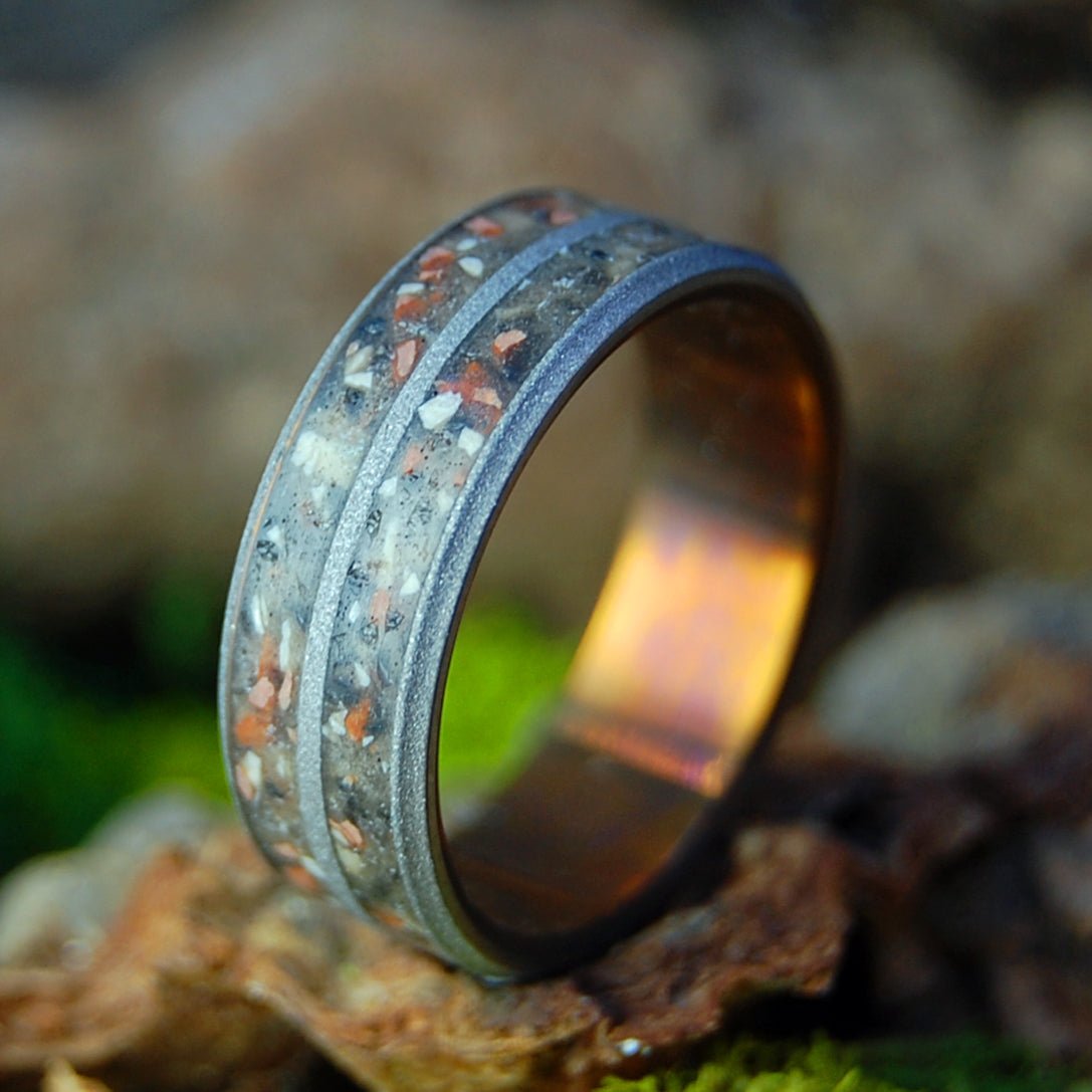 Bronze & Sandblasted Tomb Of Christ | Men's Jerusalem Earth, Armenian Obsidian & Bronze Wedding Ring - Minter and Richter Designs