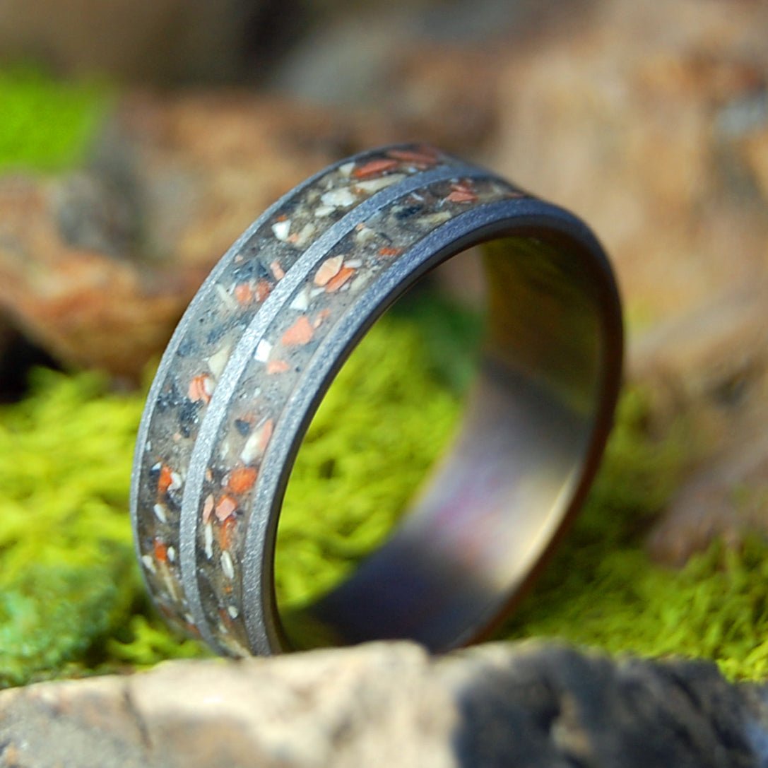 Bronze & Sandblasted Tomb Of Christ | Men's Jerusalem Earth, Armenian Obsidian & Bronze Wedding Ring - Minter and Richter Designs
