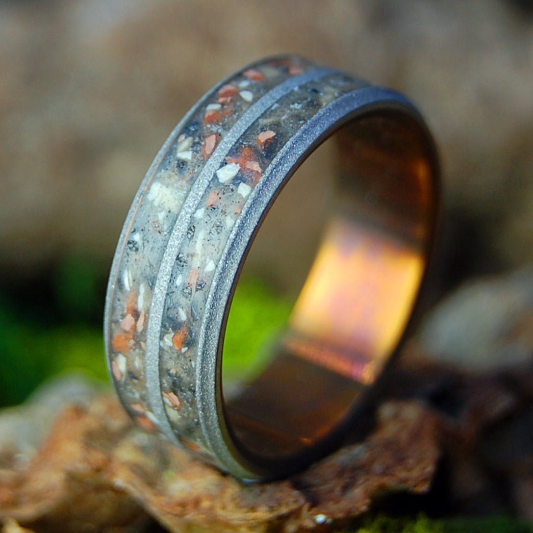 Bronze & Sandblasted Tomb Of Christ | Men's Jerusalem Earth, Armenian Obsidian & Bronze Wedding Ring - Minter and Richter Designs
