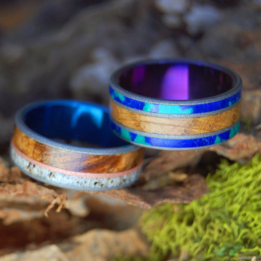 CALIFORNIA CABERNET & MOOSE ON COPPER HILL | Cabernet Wine Barrel, Stone, Copper, Moose Antler, Maple - Unique Wedding Rings - Wedding Rings Set - Minter and Richter Designs