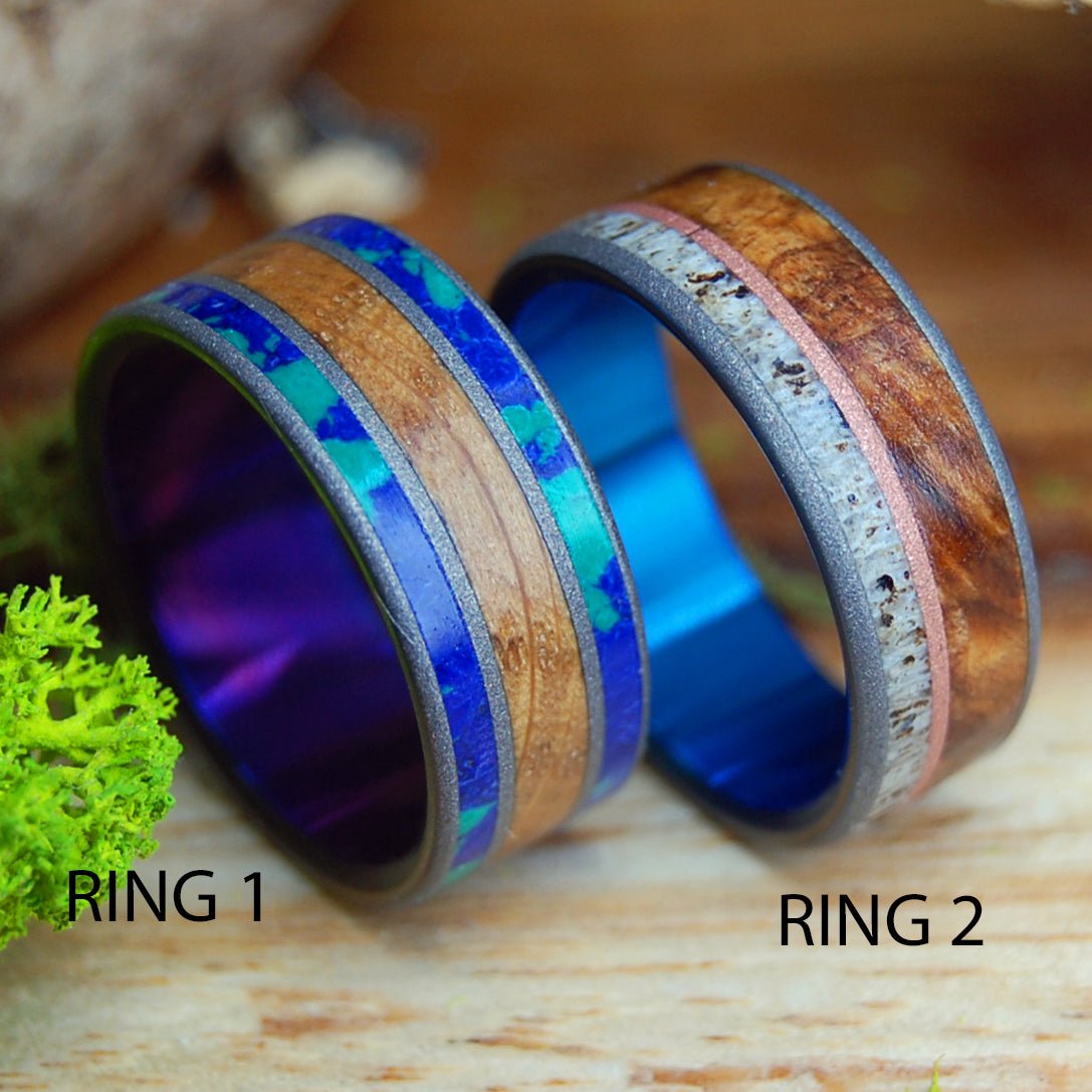 CALIFORNIA CABERNET & MOOSE ON COPPER HILL | Cabernet Wine Barrel, Stone, Copper, Moose Antler, Maple - Unique Wedding Rings - Wedding Rings Set - Minter and Richter Designs