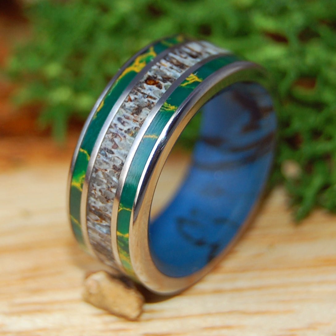 CARIBOU ABOVE THE LAKE | Men's Egyptian Jade, Mokume & Caribou Antler Wedding Ring - Minter and Richter Designs