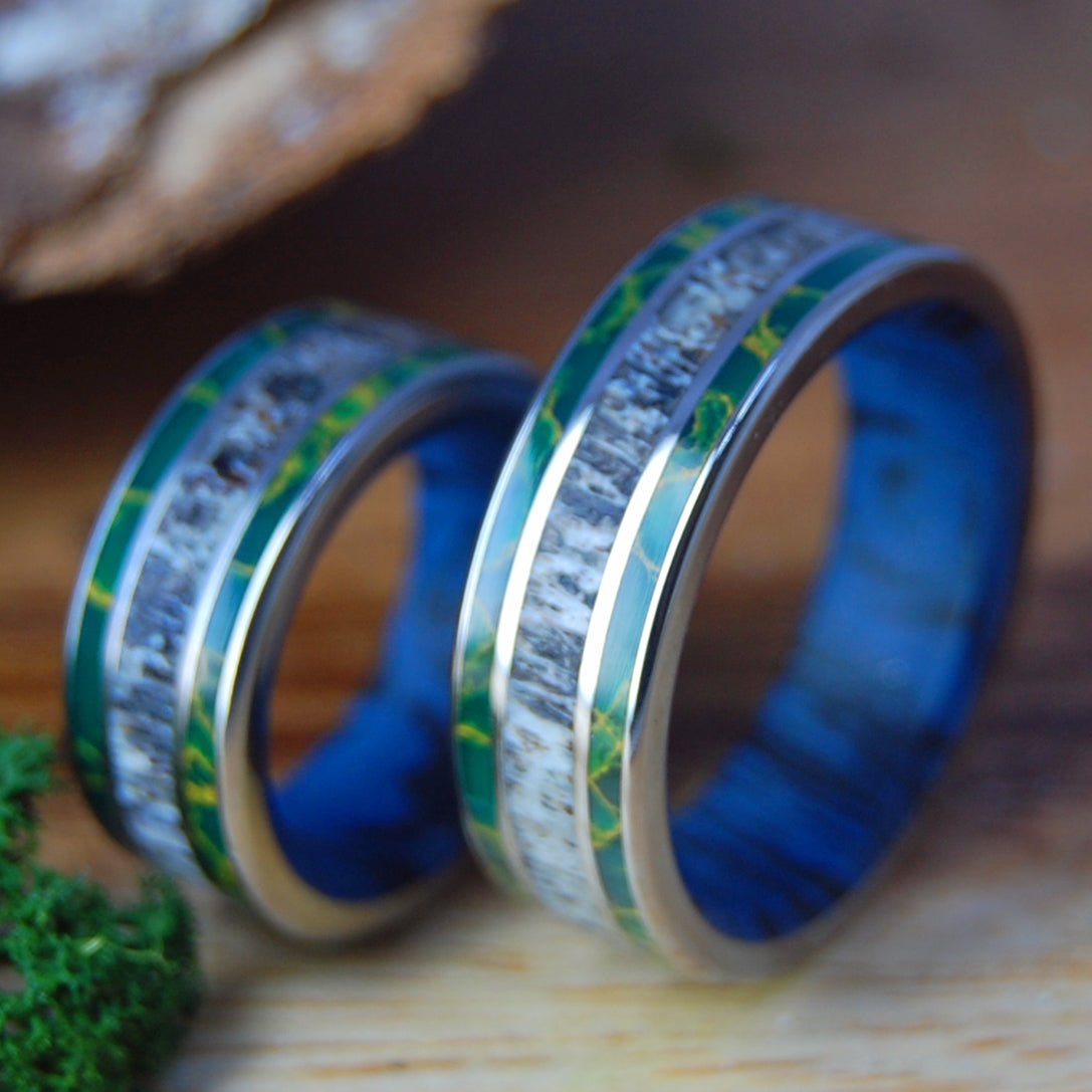 CARIBOU ABOVE THE LAKE SET | Egyptian Jade, Mokume & Caribou Antler Wedding Rings - Minter and Richter Designs