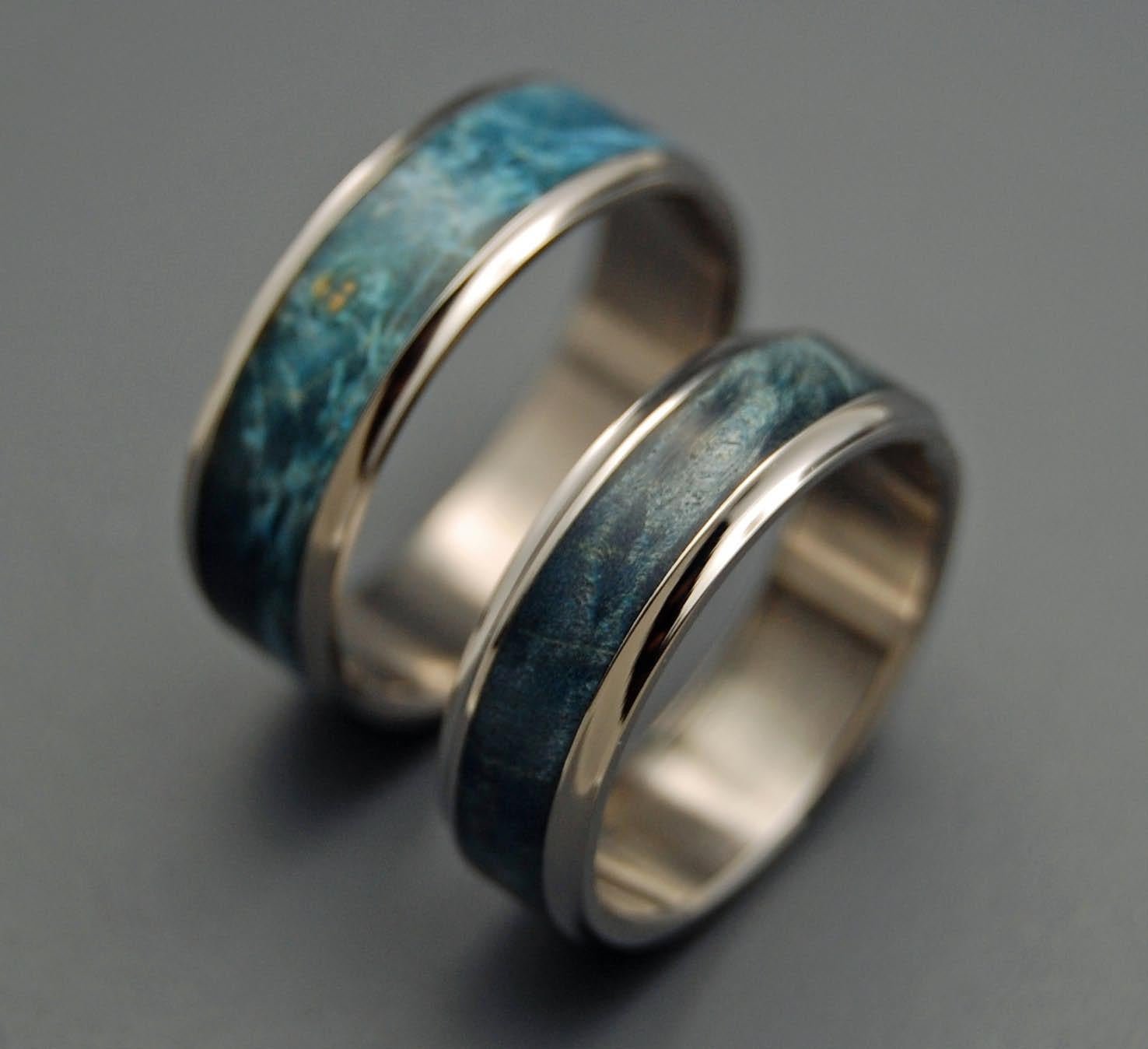 Caspian | Blue Box Elder Wood & Titanium Wedding Ring Set - Wooden Wedding Ring - Minter and Richter Designs