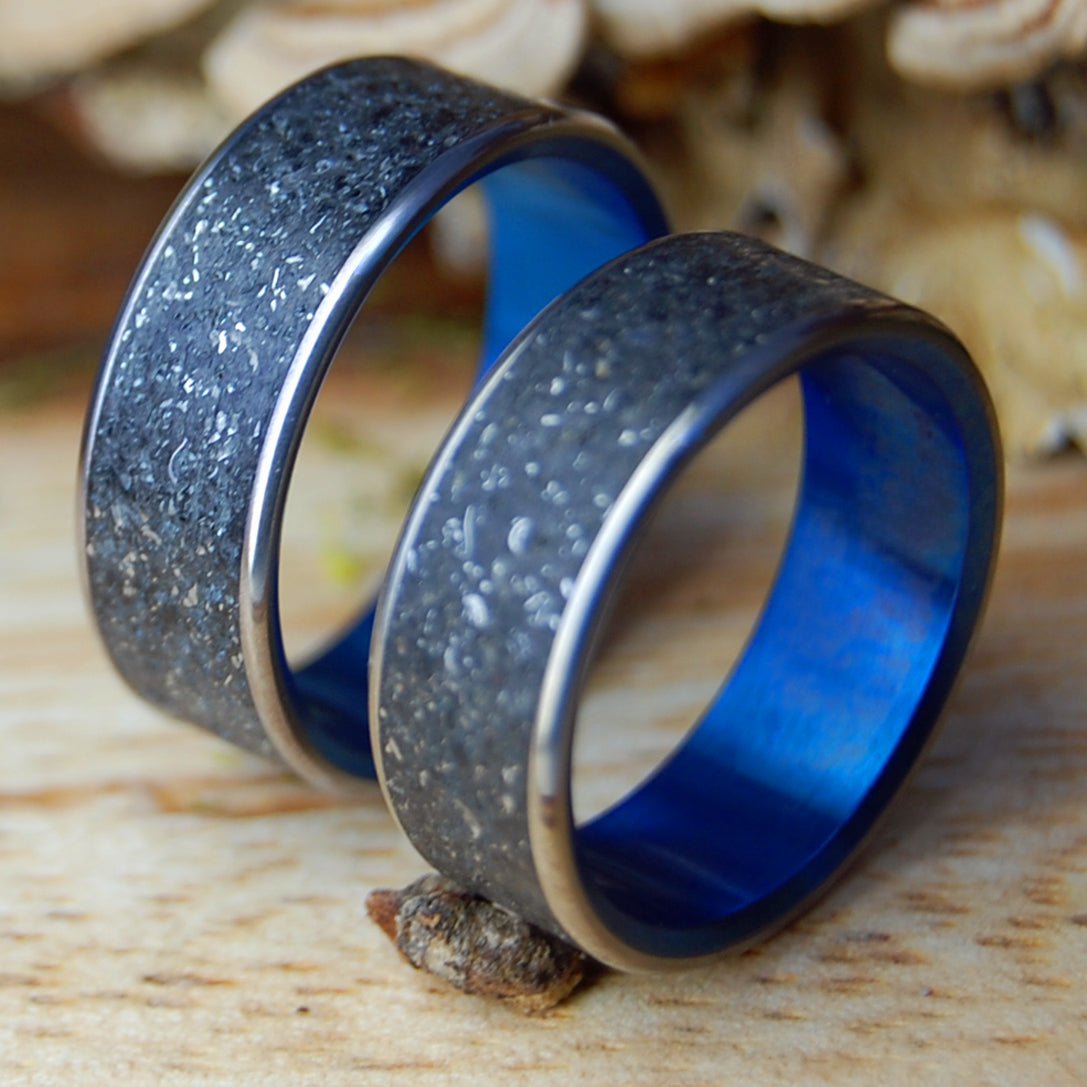 CESSNA RIDE TO HAWAII SET | Men's Crushed Plane Parts, Black Hawaiian Sand | Titanium Wedding Ring - Minter and Richter Designs