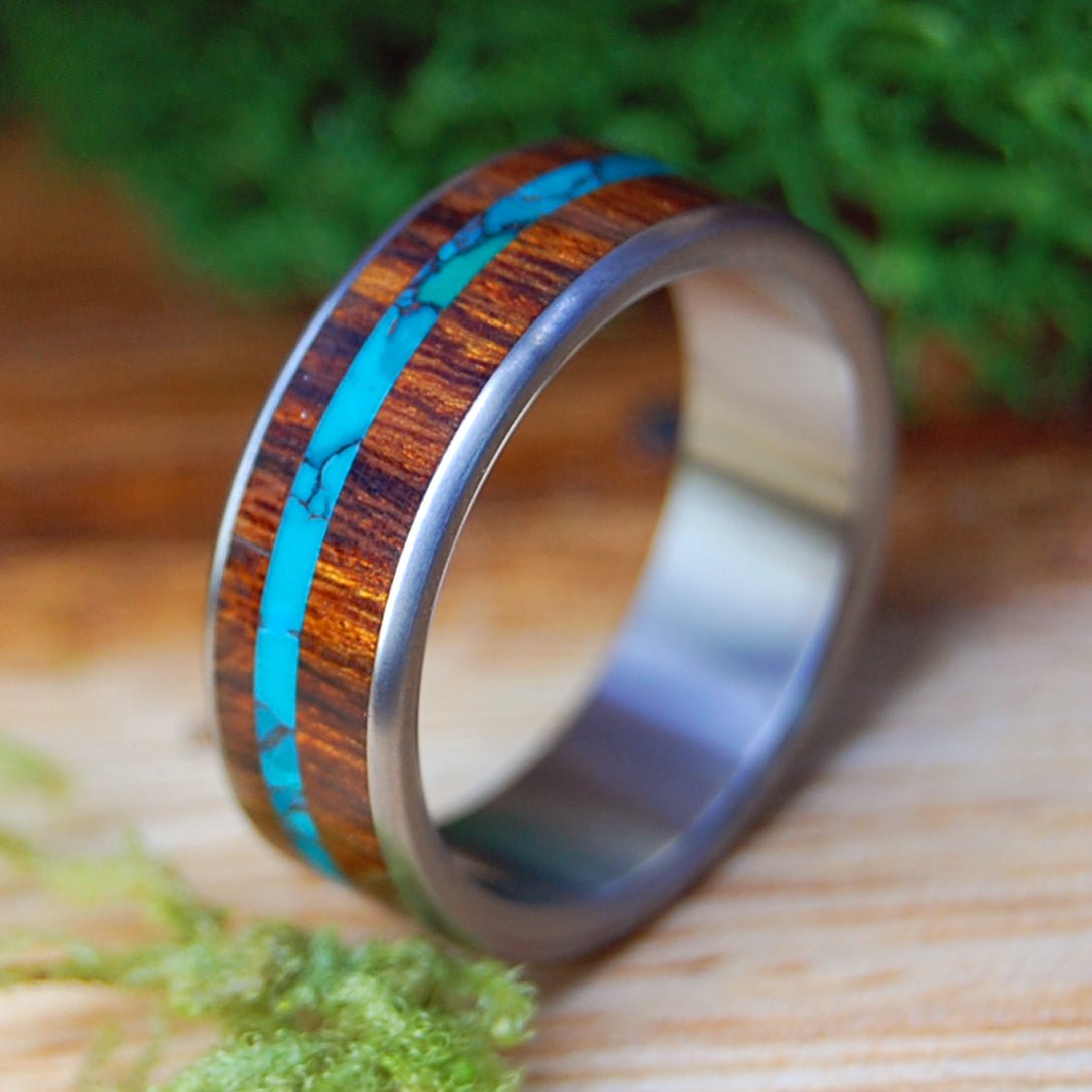 CHRYSOCOLLA RIVER, MANZANITE FOREST | Men's Manzanite Wood, Swirled Chrysocolla Stone & Titanium Wedding Ring - Minter and Richter Designs