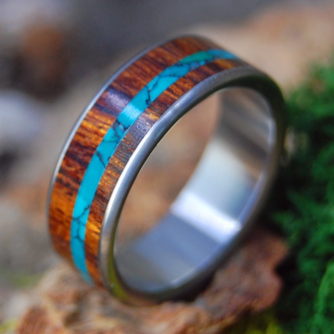 CHRYSOCOLLA RIVER, MANZANITE FOREST | Men's Manzanite Wood, Swirled Chrysocolla Stone & Titanium Wedding Ring - Minter and Richter Designs
