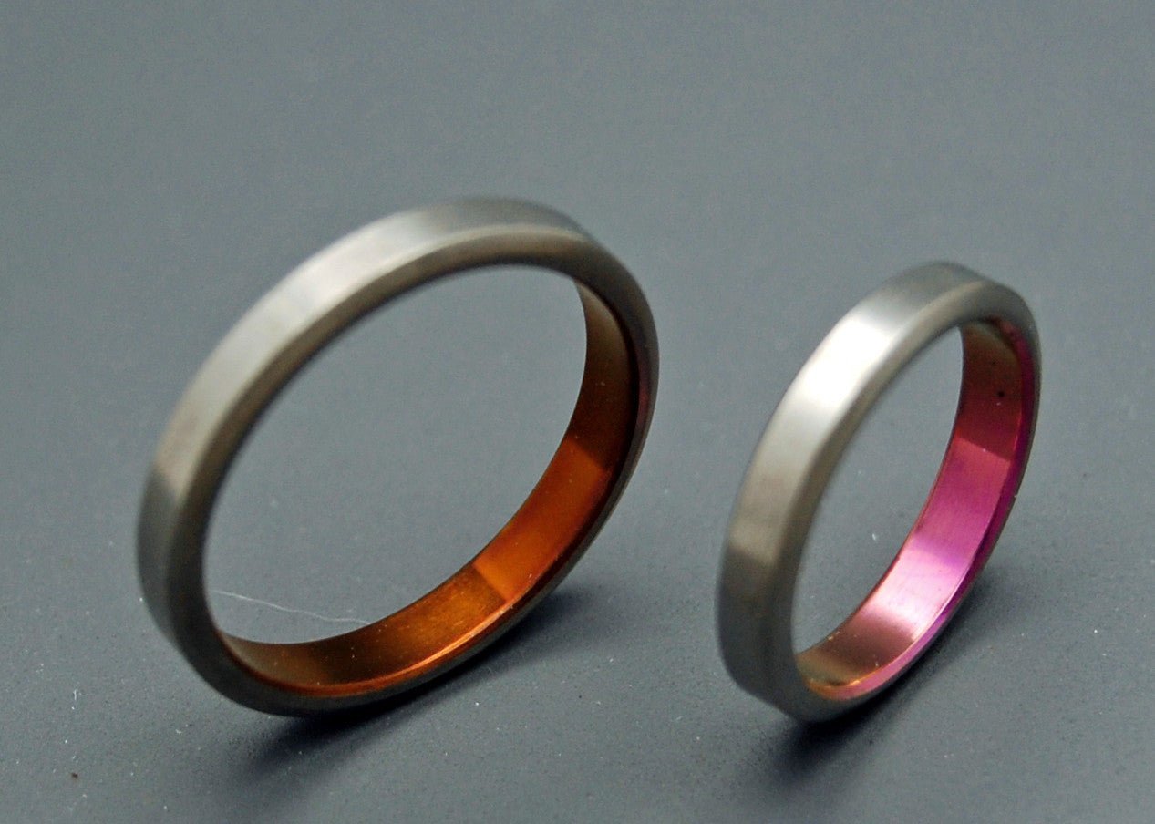 Cinnamon & Spice | Bronze & Pink Anodized Titanium Wedding Ring - His & Hers Wedding Band Set - Minter and Richter Designs