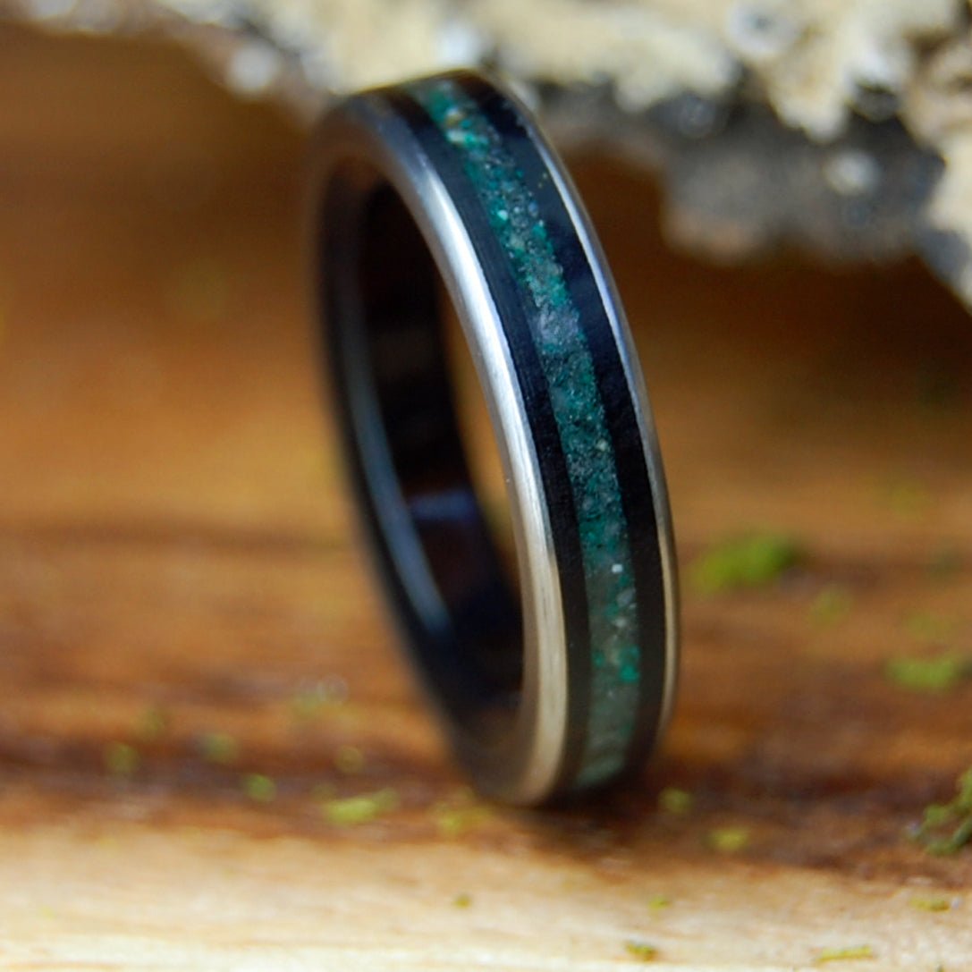COCO FOR COSTA RICA | Crushed Jade, Costa Rica Beach Sand, Cocobolo & Titanium Wedding Ring - Minter and Richter Designs