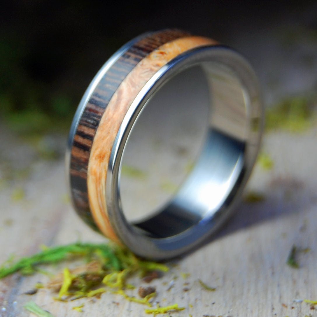 Coco Maple | Size 6.5 At 6.4mm | Cocobolo and Maple Wood | Unique Wedding Band | On Sale - Minter and Richter Designs
