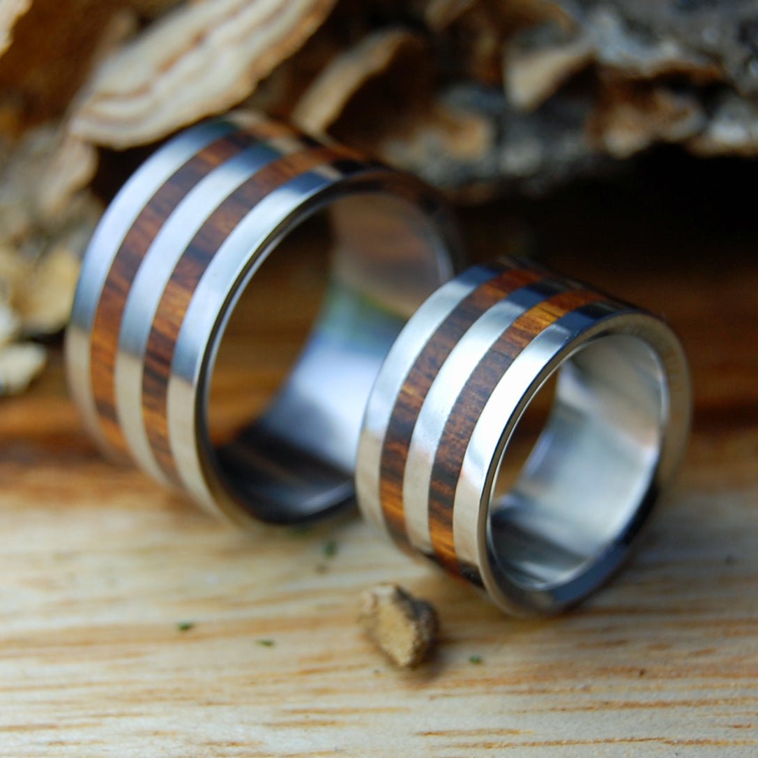 COCOBOLO HARVEST WIDE SET | Men's & Women's Cocobolo Wood & Titanium Wedding Rings - Minter and Richter Designs