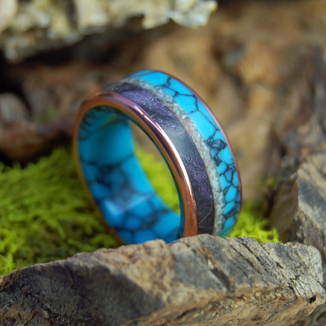 COLORS OF OKINAWA II |  Turquoise, Pink Okinawa Beach Sand & Wood, Copper Wedding Rings - Unique Wedding Rings - Minter and Richter Designs