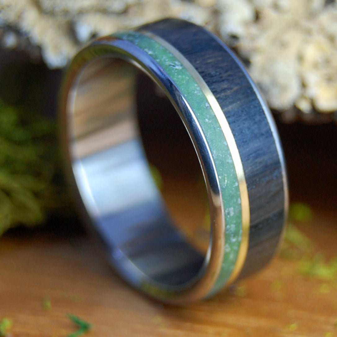 CONNEMARA MARBLE BOG BRASS| Men's Connemara Marble, Irish Bog Oak & Titanium & Brass Wedding Ring - Minter and Richter Designs