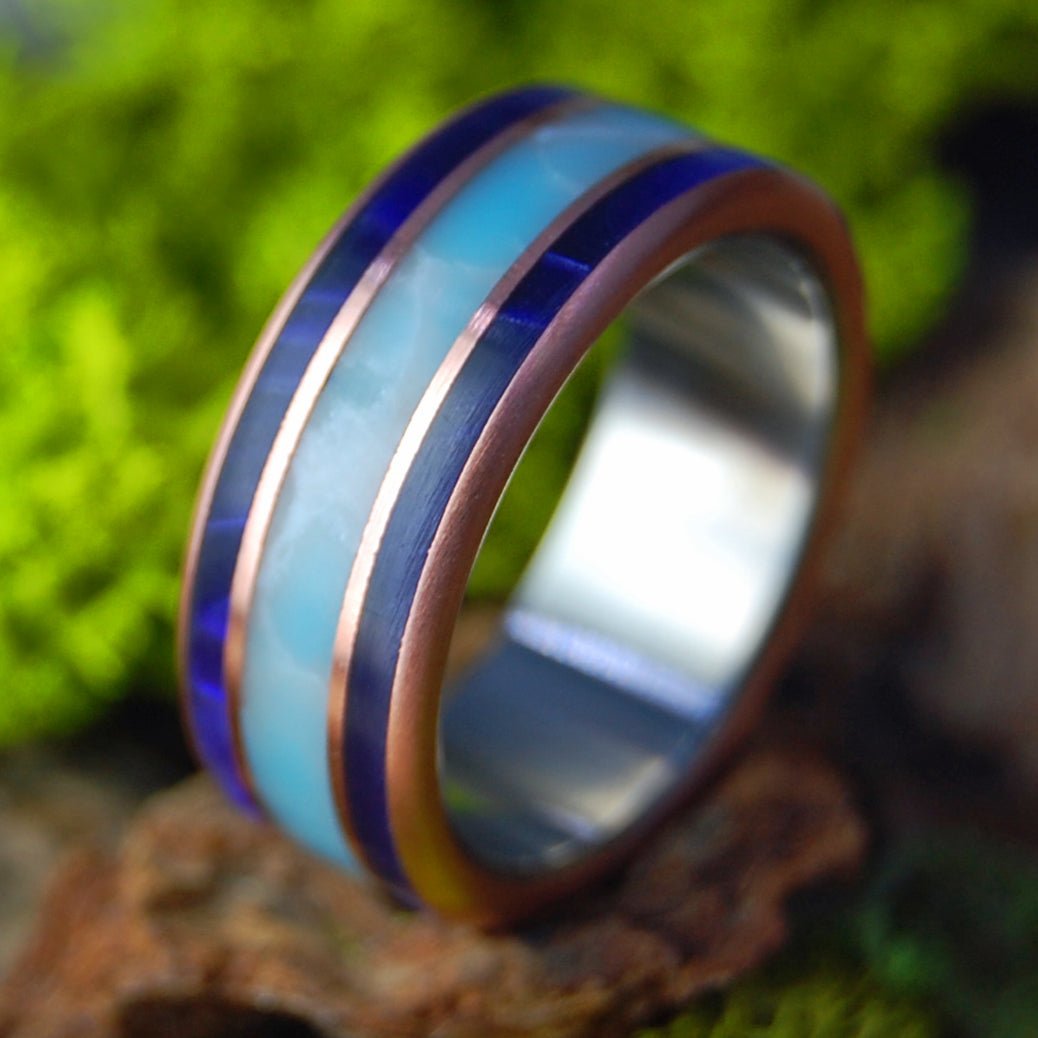 COPPER LARIMAR PURPLE | Men's Purple Marbled Opalescent, Copper, Larimar & Titanium Wedding Ring - Minter and Richter Designs