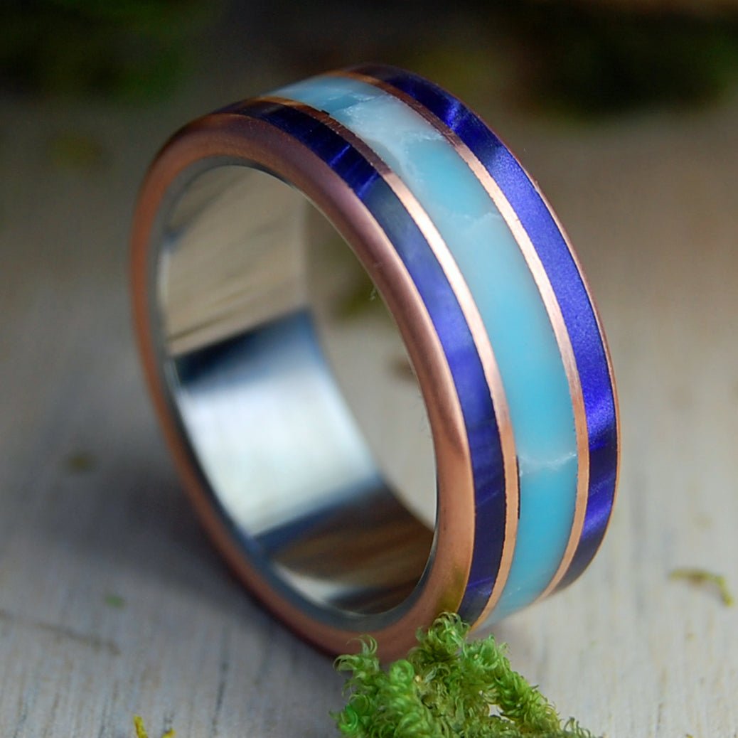 COPPER LARIMAR PURPLE | Men's Purple Marbled Opalescent, Copper, Larimar & Titanium Wedding Ring - Minter and Richter Designs
