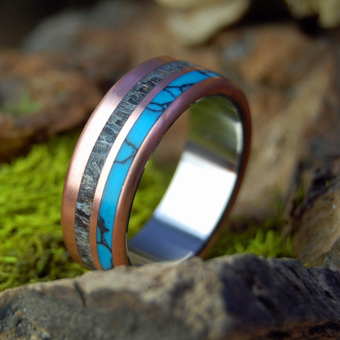 Copper Moose | Men's Copper, Turquoise, Moose Antler & Titanium Wedding Ring - Minter and Richter Designs