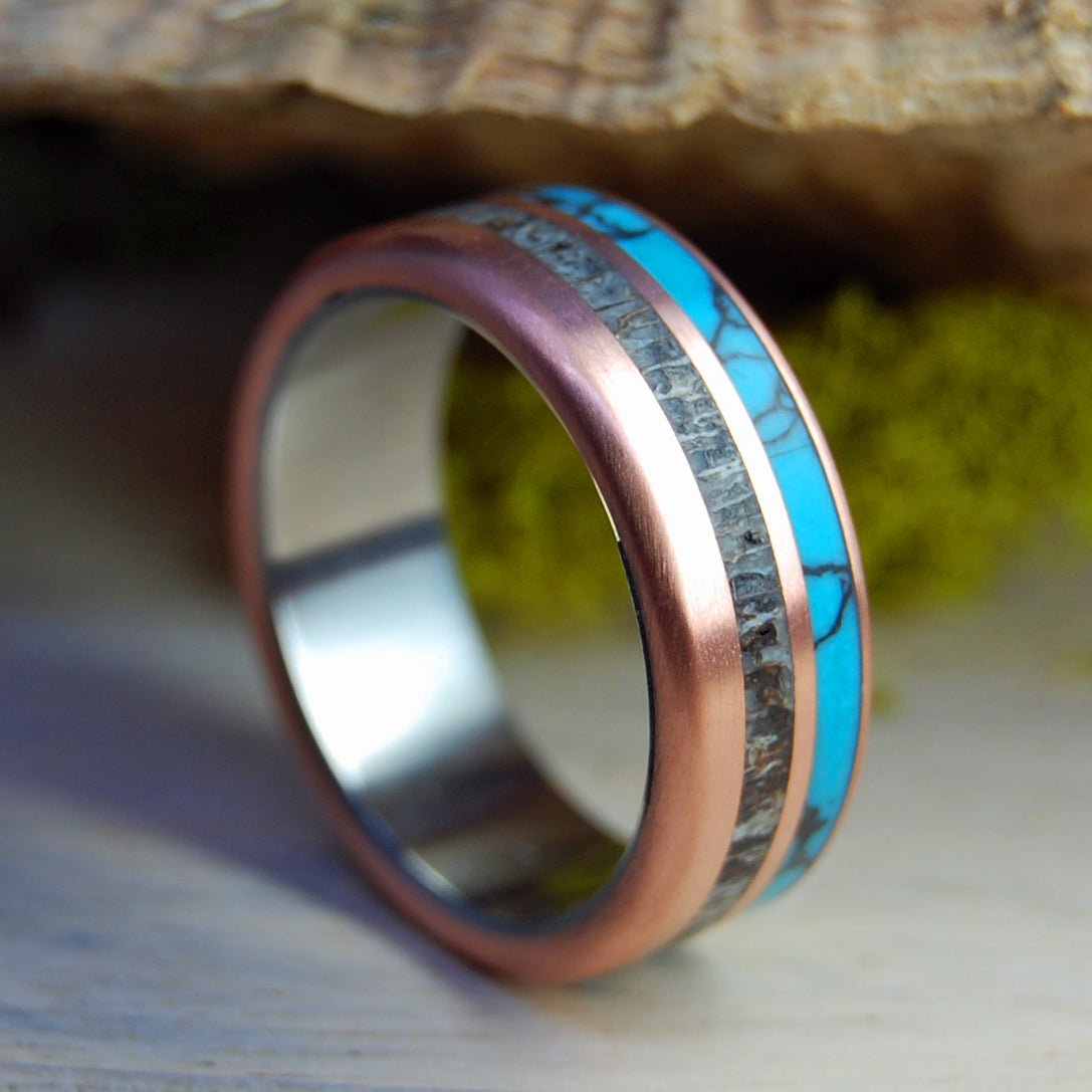 Copper Moose | Men's Copper, Turquoise, Moose Antler & Titanium Wedding Ring - Minter and Richter Designs