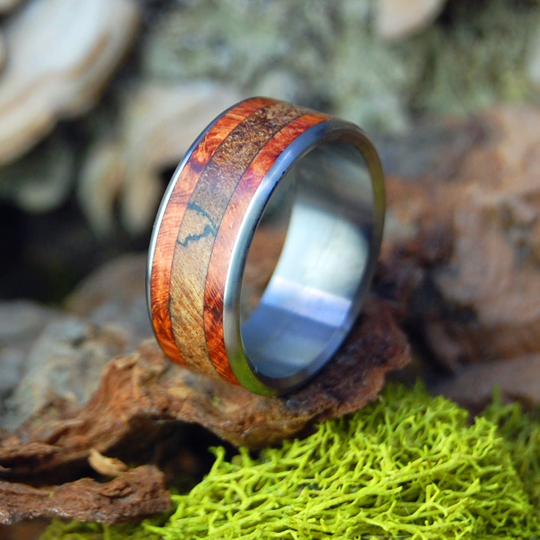 Corner Of His Heart | Men's Spalted Maple, Amboyna Burl & Titanium Wedding Ring - Minter and Richter Designs