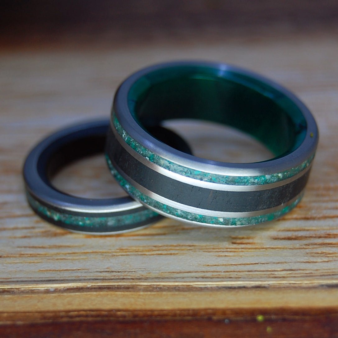 COSTA RICA COCO SET | Costa Rica Beach Sand, Crushed Jade, Cocobolo & Titanium - Unique Wedding Rings - Minter and Richter Designs